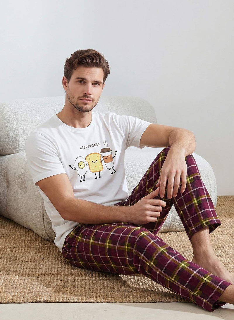 trendyol White Regular Fit Short Sleeve Cotton Plaid Breakfast Printed Pajamas Set Tmnss26Pt00006 - Image 1