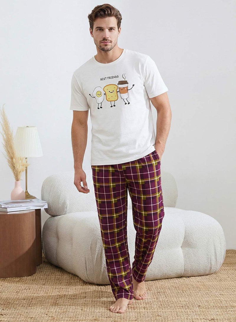 trendyol White Regular Fit Short Sleeve Cotton Plaid Breakfast Printed Pajamas Set Tmnss26Pt00006 - Image 2
