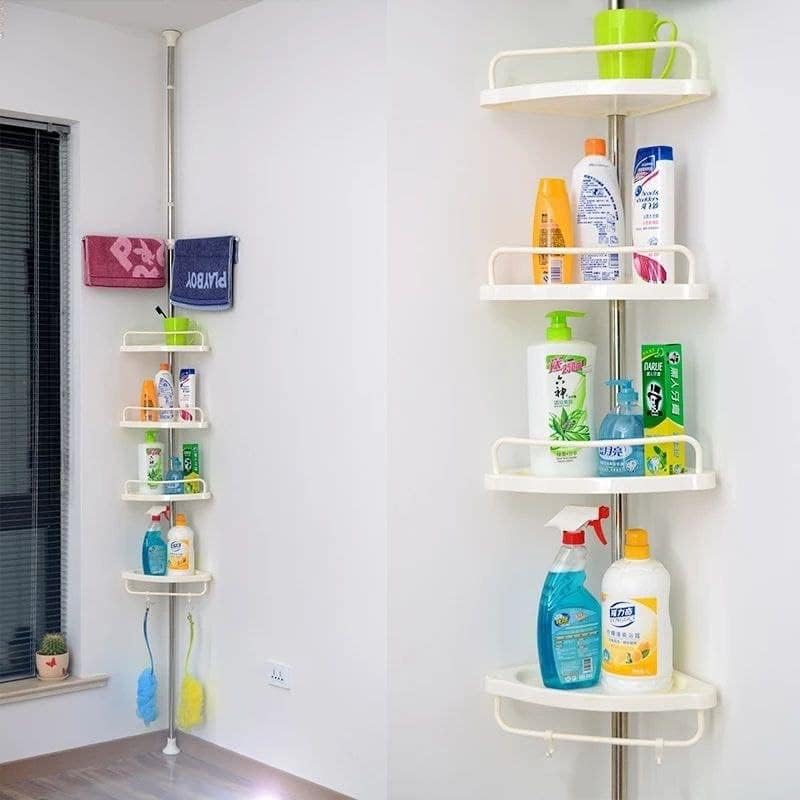 Stainless steel shower holder consisting of a stainless steel column + 4 rounds + a movable towel + 3 hooks, an adjustable tension column, without drilling (10.1 feet handle)... Its length ranges... - Image 2