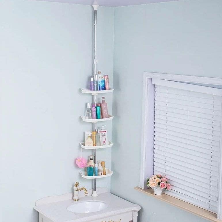 Stainless steel shower holder consisting of a stainless steel column + 4 rounds + a movable towel + 3 hooks, an adjustable tension column, without drilling (10.1 feet handle)... Its length ranges... - Image 3