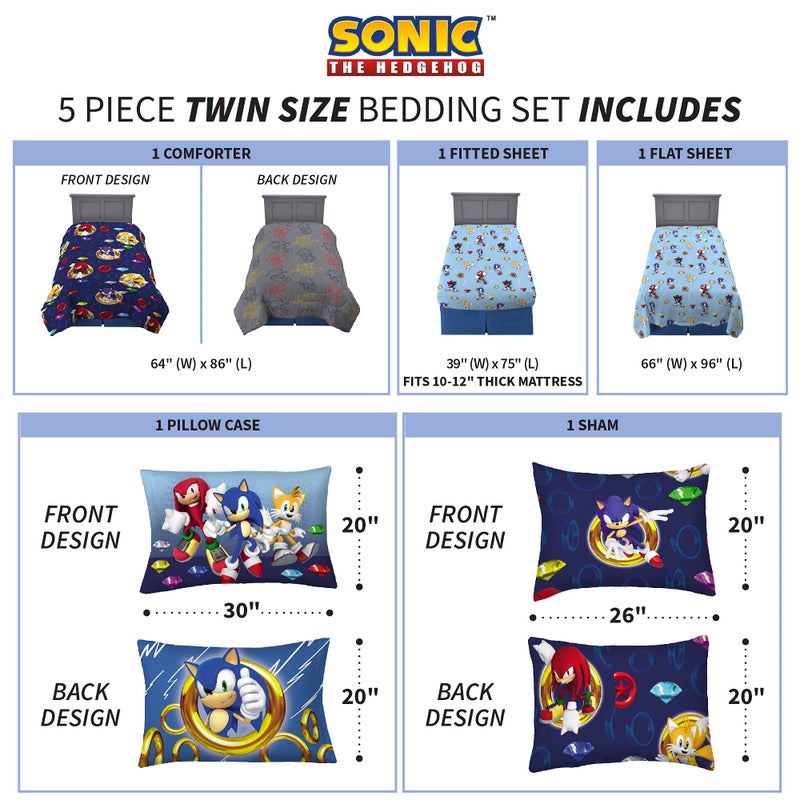 Franco Kids Bedding Super Soft Comforter and Sheet Set with Sham, 5 Piece Twin Size, Sonic The Hedgehog, Anime - Image 3