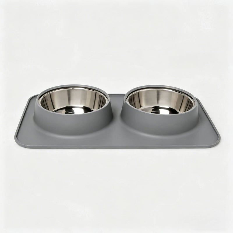 Food-grade silicone pet bowl with placemat, double-bowl design, neck-supporting food dish for cats and dogs