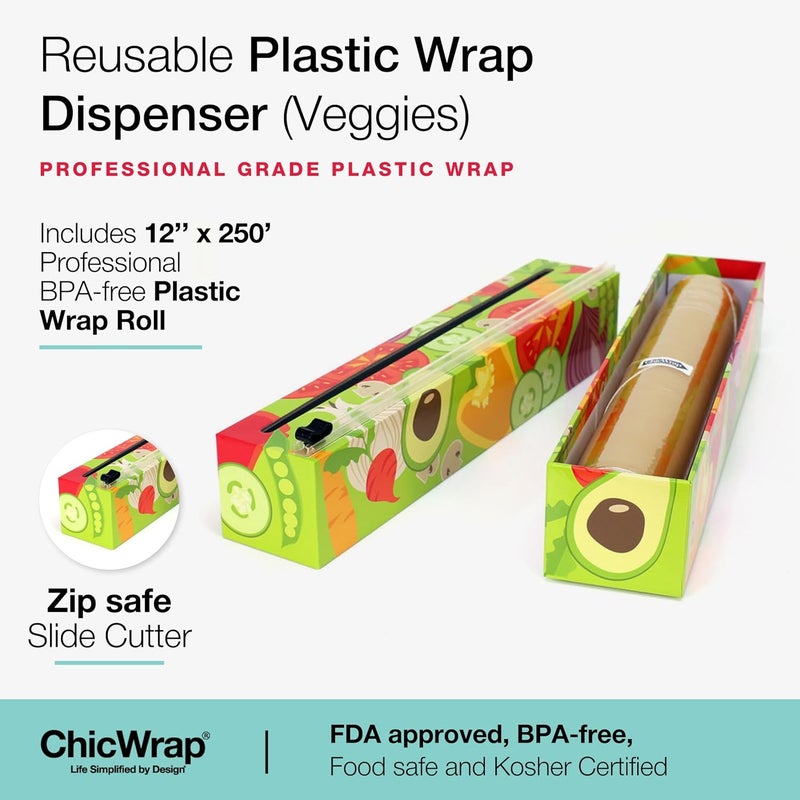 ChicWrap Veggies Refillable Plastic Wrap Dispenser - Includes One 12" x 250' Roll of Professional Grade Plastic Wrap - BPA Free and Kosher Certified - Reusable Dispenser w/Slide Cutter - Image 2