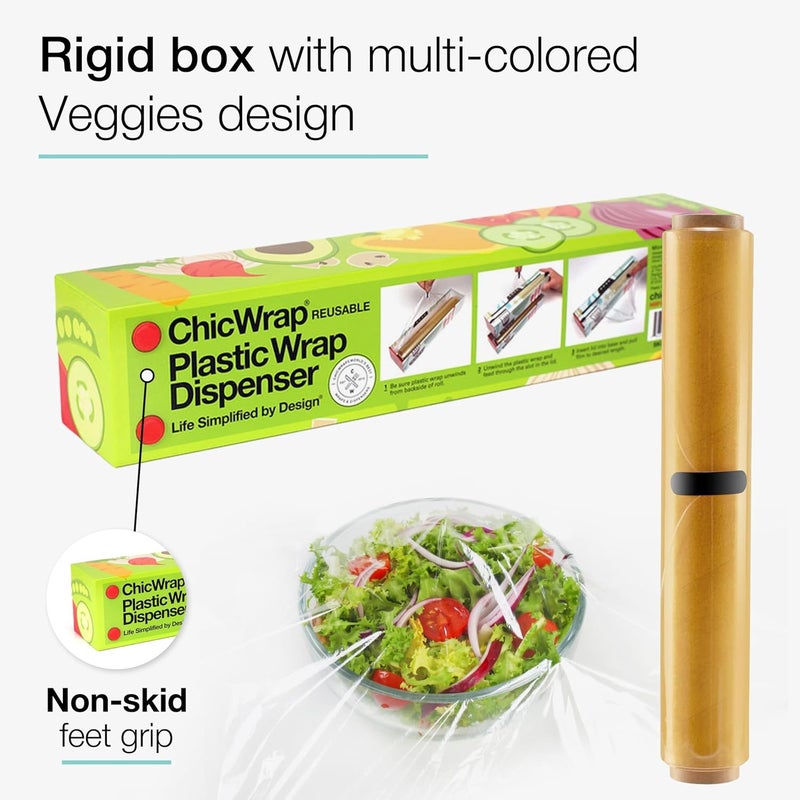ChicWrap Veggies Refillable Plastic Wrap Dispenser - Includes One 12" x 250' Roll of Professional Grade Plastic Wrap - BPA Free and Kosher Certified - Reusable Dispenser w/Slide Cutter - Image 3