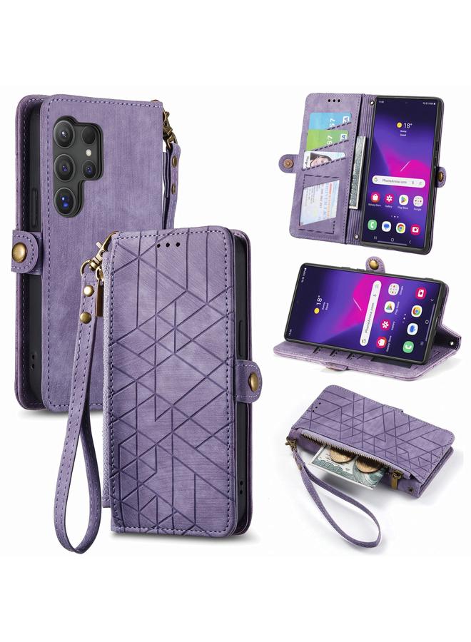 اس-توب جراب لهاتف Samsung Galaxy S24 Ultra 5G، جراب هاتف جلدي بسحاب هندسي ومشبك جانبي - Image 1