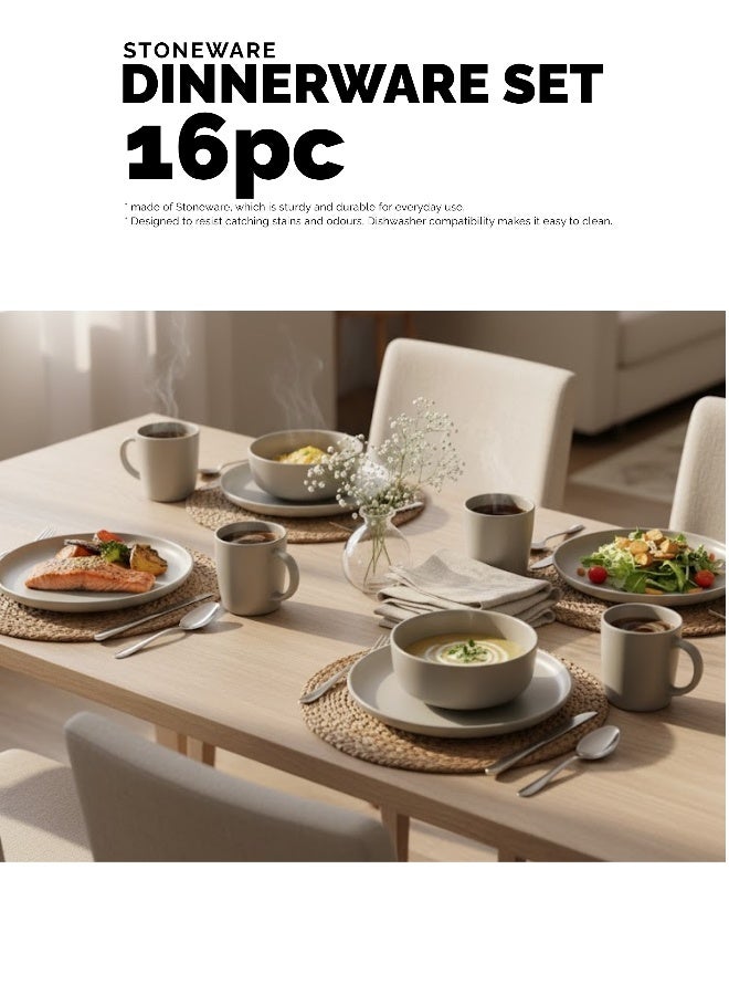 Feelings Premium Beige Stoneware Dinner Set with Modern Finish – 16-Piece Collection Featuring 10.5″ Dinner Plates,  8″ Side Plates And  6″ Bowls & 14oz Mugs | Microwave & Dishwasher Safe | Everyday Dining Essential for Home & Kitchen - Image 4