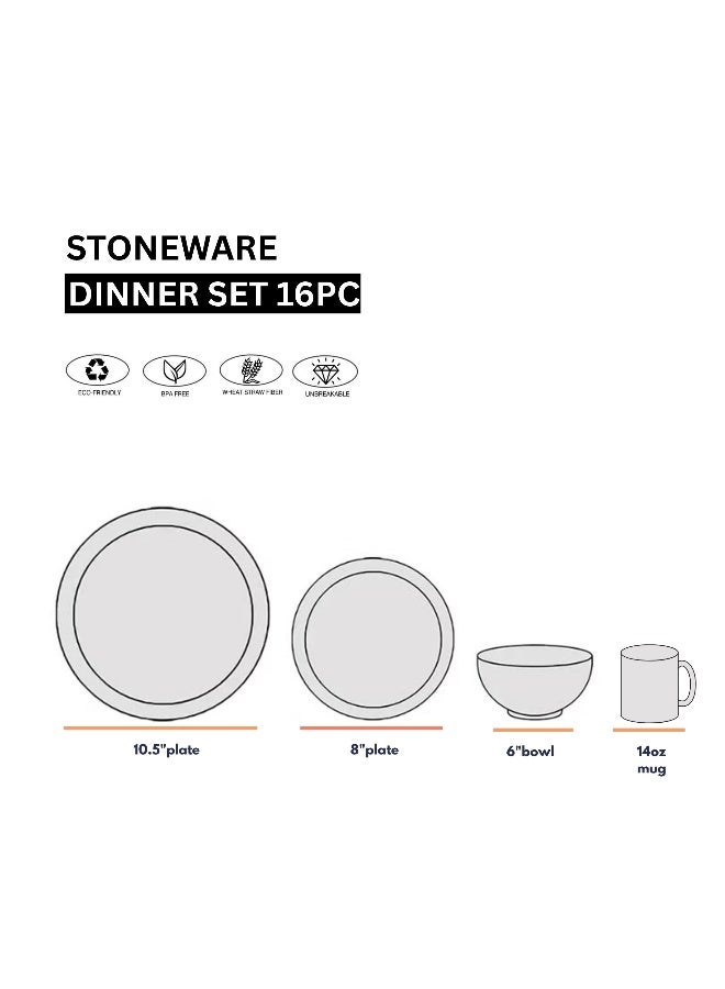Feelings Premium Beige Stoneware Dinner Set with Modern Finish – 16-Piece Collection Featuring 10.5″ Dinner Plates,  8″ Side Plates And  6″ Bowls & 14oz Mugs | Microwave & Dishwasher Safe | Everyday Dining Essential for Home & Kitchen - Image 2