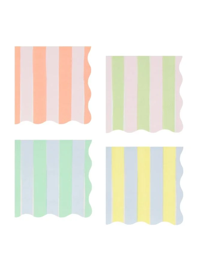Pastel Stripe Small Napkins - Pack of 16, 4 Colorways with Wavy Edges, 3-Ply Paper Party Napkins for Garden Parties, Picnics, Baby Showers, Cocktail Parties & Celebrations