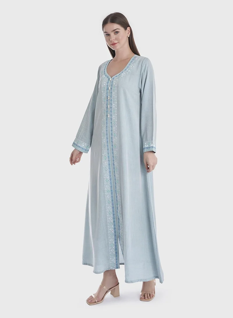 KASHKHA Solid Embroidered Maghrabi Panel Jalabiya