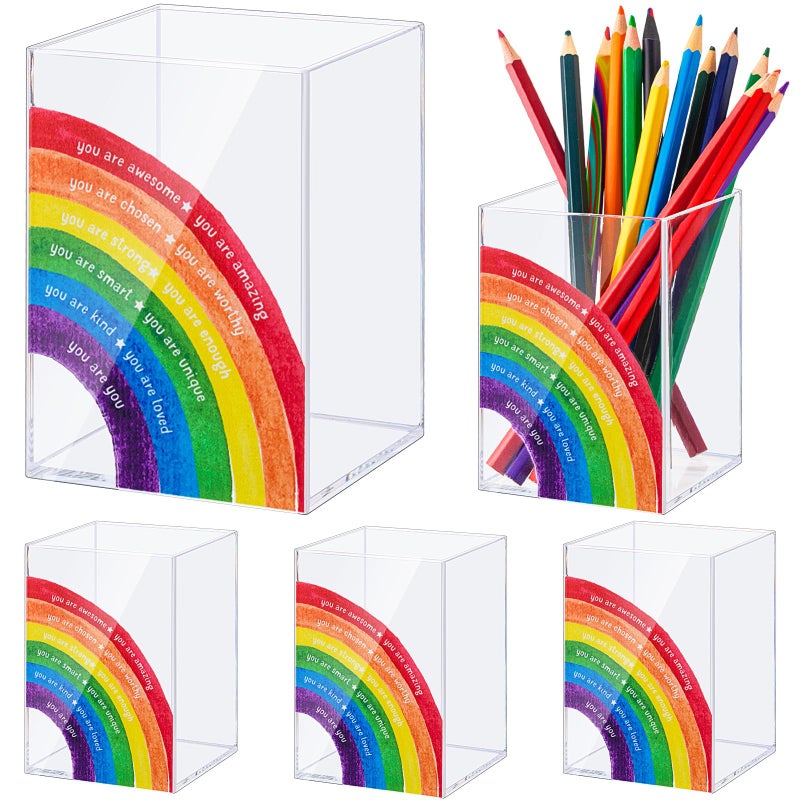Sherr 5 Pcs Acrylic Pen Holders Teacher Appreciation Gifts Rainbow Pencil Storage Cups Inspirational Desk Organizers Stationery Pots Bulk for School Classroom Office Supplies - Image 2
