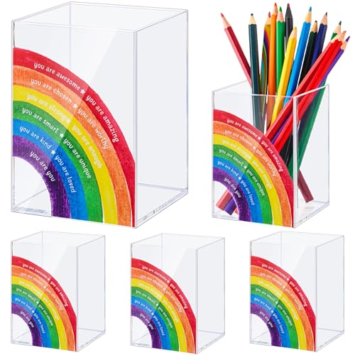 Sherr 5 Pcs Acrylic Pen Holders Teacher Appreciation Gifts Rainbow Pencil Storage Cups Inspirational Desk Organizers Stationery Pots Bulk for School Classroom Office Supplies - Image 1