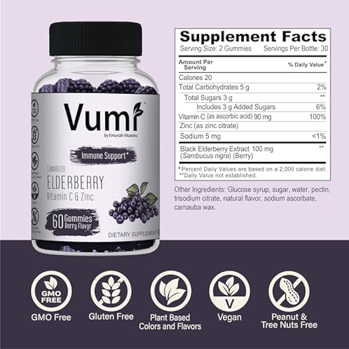Vumi Elderberry Gummies with Vitamin C & Zinc | Real Fruit & Plant Based for Color and Flavoring | Vegan, Gluten Free, Non-GMO, OU Kosher | Immune Support (60 Gummies) - Image 2
