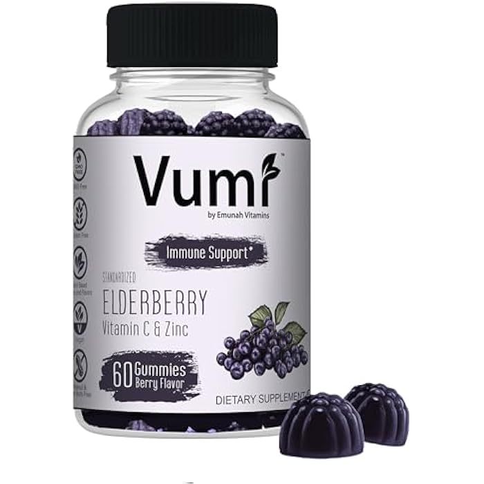 Vumi Elderberry Gummies with Vitamin C & Zinc | Real Fruit & Plant Based for Color and Flavoring | Vegan, Gluten Free, Non-GMO, OU Kosher | Immune Support (60 Gummies) - Image 1