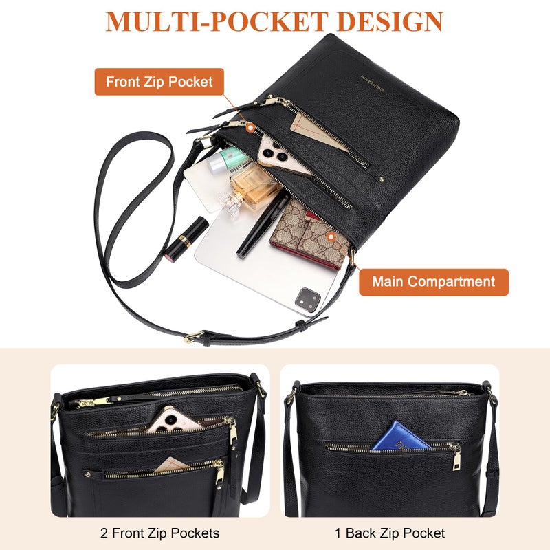 Over Earth Leather Crossbody Bags for Women Medium Shoulder Purse Multi Pocket Shoulder Handbag with Adjustable Strap(O199E Black RP) - Image 4
