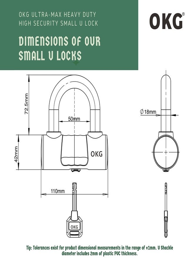 OKG Small U Lock - 4 Keys, Heavy Duty 18mm Hardened Alloy Steel Shackle - Anti-Cut/Anti-Pry Security Chain Lock for Motorcycle, E-Bike, Trailer (No Security Chain) - Image 2