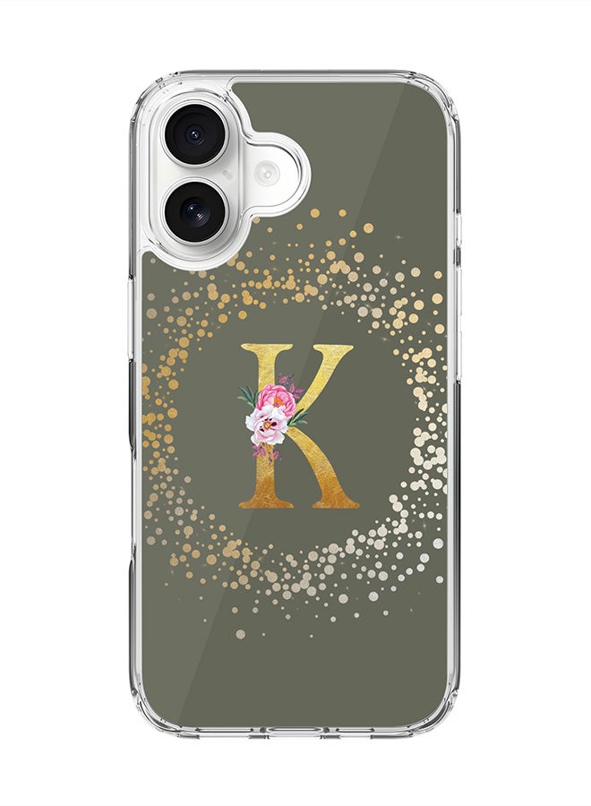 Stylizedd Classic Clear MagSafe Case for iPhone 17 , Hybrid Soft Case Flexible Edges Anti Drop TPU PC Gel Thin Transparent Cover [ Designed for iPhone 17 ] - Custom Monogram Initial Letter Floral Pattern Alphabet - K  (Olive Green )