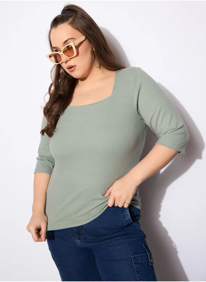 ساسافراس Plus Size Ribbed Square Neck Top
