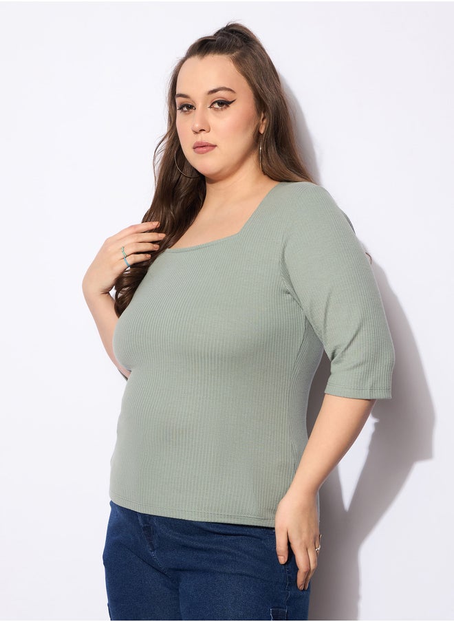 SASSAFRAS Plus Size Ribbed Square Neck Top  - Image 3