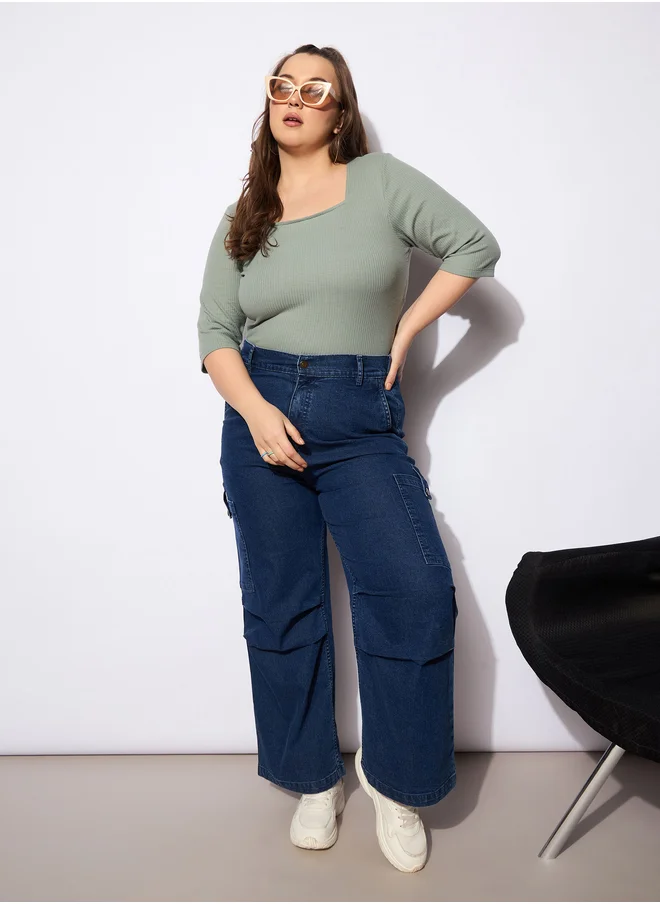 ساسافراس Plus Size Ribbed Square Neck Top