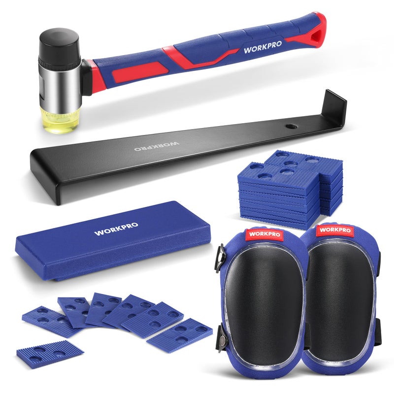 WORKPRO Laminate Flooring Installation Kit - Rubber Mallet with Fiberglass Handle, Knee Pads, Heavy Duty Pull Bar, Solid Tapping Block and Spacers - Premium Wood Flooring Installation Tool - Image 1