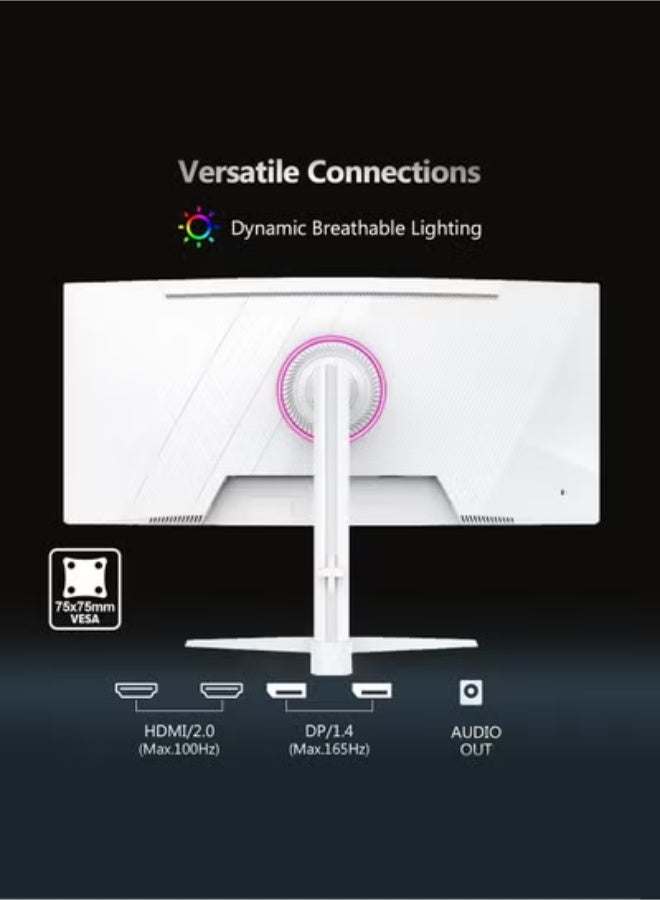 HILUKE 34-Inch Ultra-Wide Curved PC Monitor, WQHD 3440×1440P, 165Hz Refresh Rate, 1ms Response Time, HVA Panel, Adjustable Tilt, Wall Mountable – White - Image 3