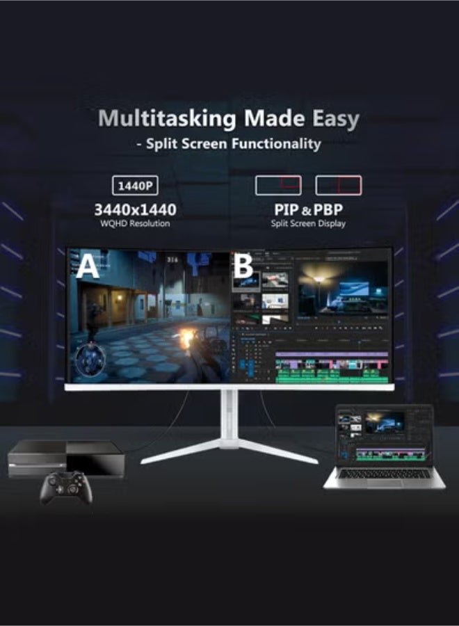 HILUKE 34-Inch Ultra-Wide Curved PC Monitor, WQHD 3440×1440P, 165Hz Refresh Rate, 1ms Response Time, HVA Panel, Adjustable Tilt, Wall Mountable – White - Image 5