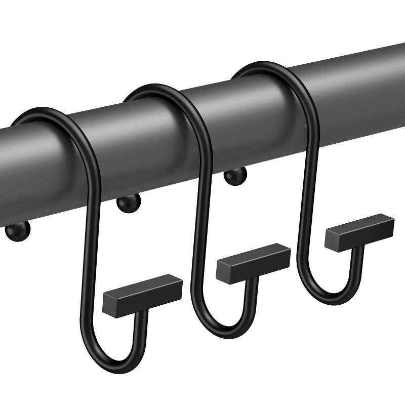 Bathway Shower Curtain Hooks, Black Shower Curtain Rings Rust Proof, 12PCS Shower Hooks for Shower Curtain, T-Bar Design Convenient Elegant Shower Curtain Hangers for Bathroom Kitchen Wardrobe - Image 1