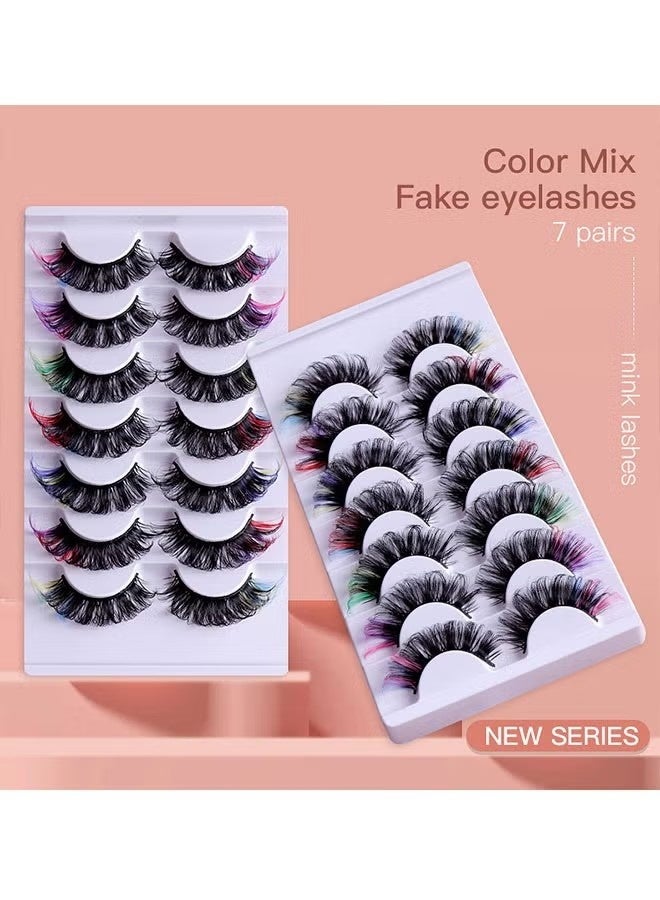 JS 7 Pairs Colored False Eyelashes Set, Color Curl Colored Lashes, Natural Thick Volume, Mix Color and Fluffy Long False Eyelashes, Reusable, Bright and Enlarged Eye - Image 3