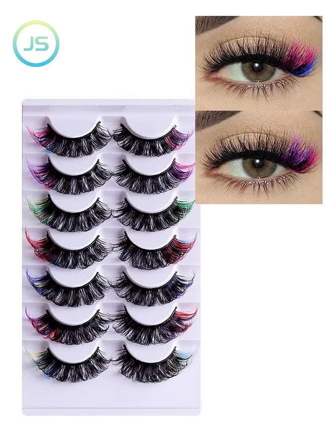 JS 7 Pairs Colored False Eyelashes Set, Color Curl Colored Lashes, Natural Thick Volume, Mix Color and Fluffy Long False Eyelashes, Reusable, Bright and Enlarged Eye - Image 1