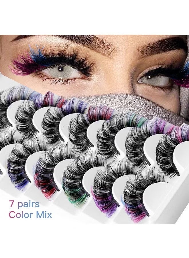 JS 7 Pairs Colored False Eyelashes Set, Color Curl Colored Lashes, Natural Thick Volume, Mix Color and Fluffy Long False Eyelashes, Reusable, Bright and Enlarged Eye - Image 2