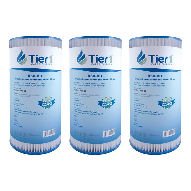 Tier1 50 Micron 10 Inch x 45 Inch  3Pack Pleated Polyester Whole House Sediment Water Filter Replacement Cartridge  Compatible with Pentek R50BB 15505343 SPC451050 Home Water Filter