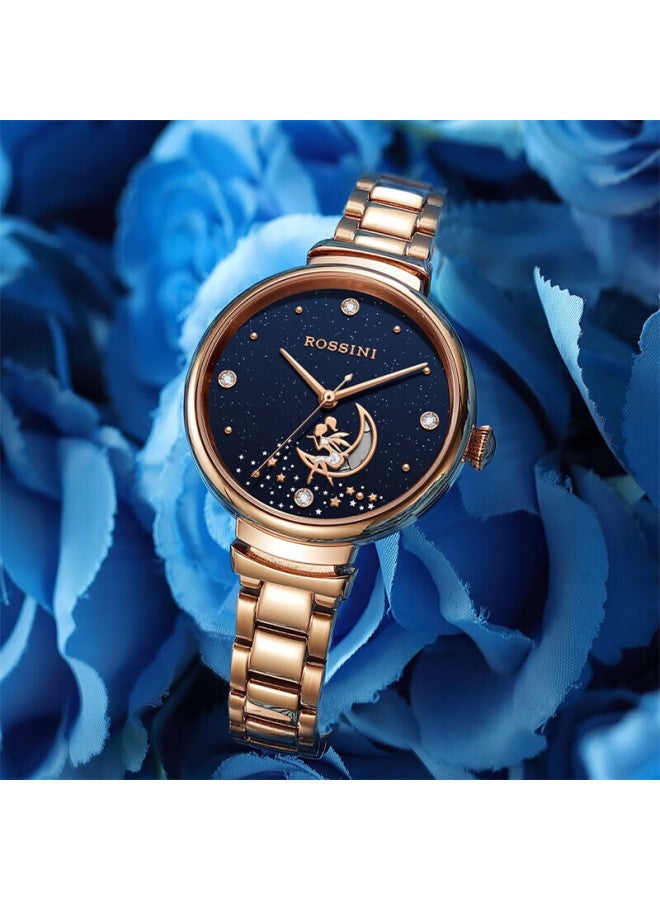 Rossini Women'S Mechanical Watch With Blue Dial And Steel Strap Birthday Gift For Girlfriend National Watch Fashion Moon 6210060 - Image 1