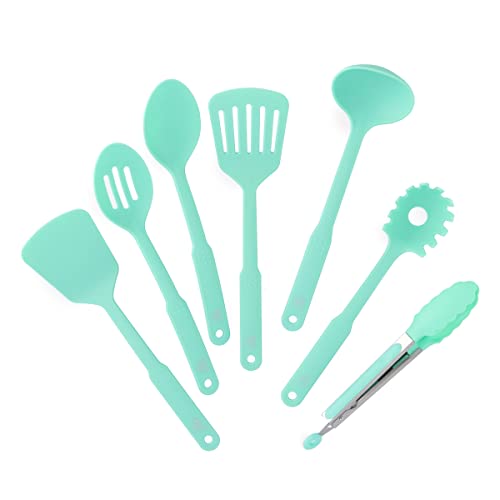 GreenLife Cooking Tools and Utensils 7 Piece Nylon Set including Spatulas Turner Spoons and Tongs Dishwasher Safe Turquoise