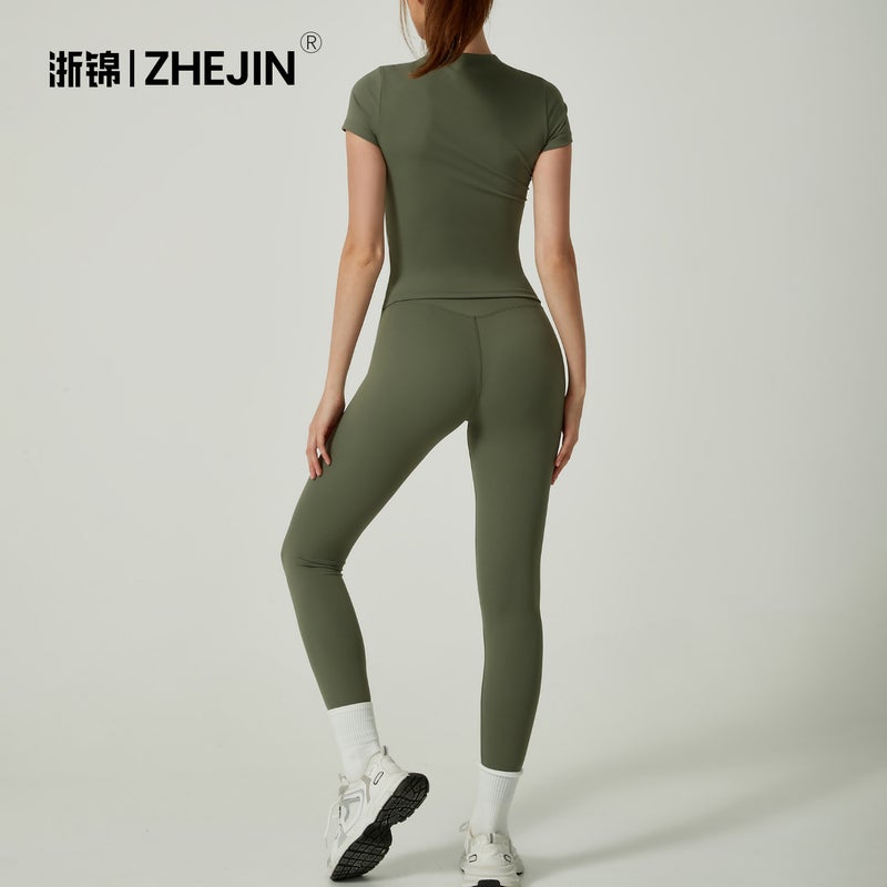 Women's Quick-Dry Yoga Tracksuit Set - Short Sleeve with Long Pants - Image 3