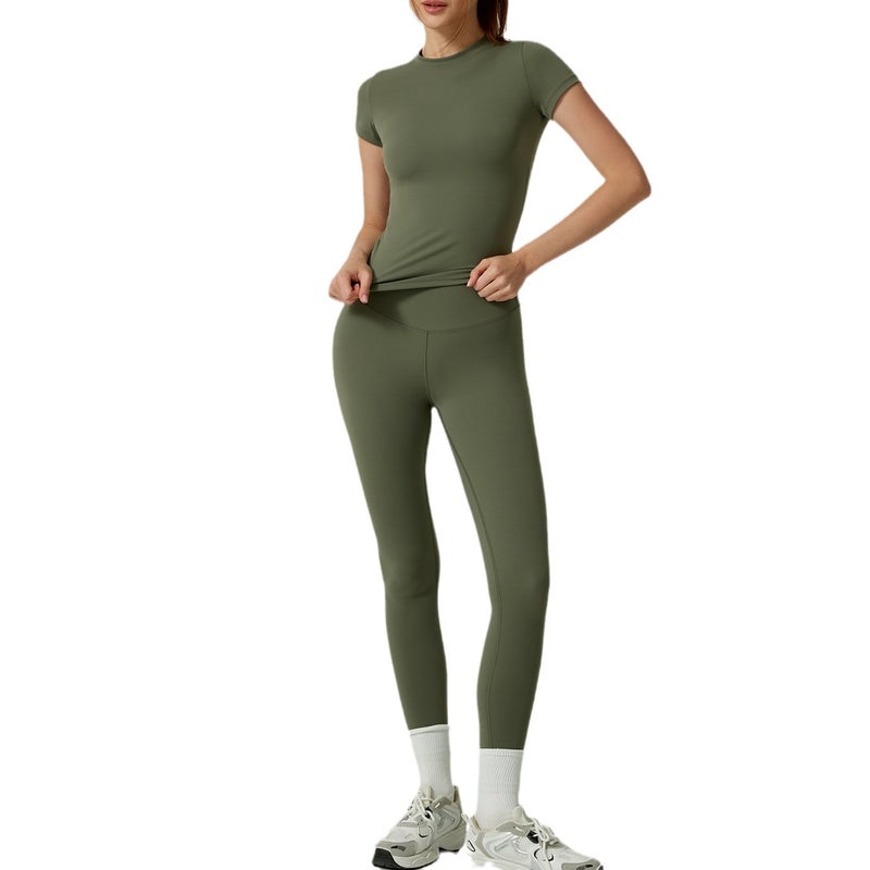 Women's Quick-Dry Yoga Tracksuit Set - Short Sleeve with Long Pants - Image 1