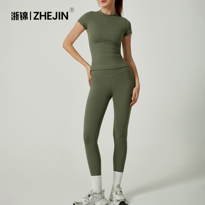 Women's Quick-Dry Yoga Tracksuit Set - Short Sleeve with Long Pants - Image 2
