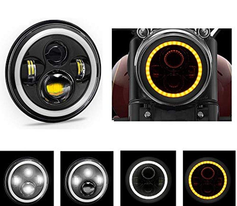 AOWbikes 7 Inch 6 LED Headlight Dual Color DRL Ring Universal for All Royal Enfield Models, Mahindra Thar Jeep (White and Amber, Single Unit) H-11 - Image 1