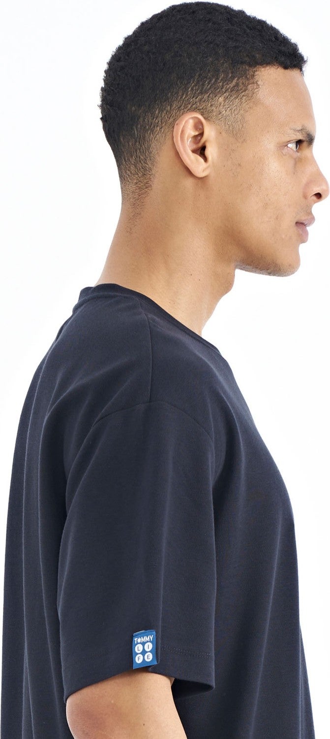 Tommy Life Navy Blue Sleeve Badge Detail Basic Oversize Men's T-Shirt - 88193  - Image 5