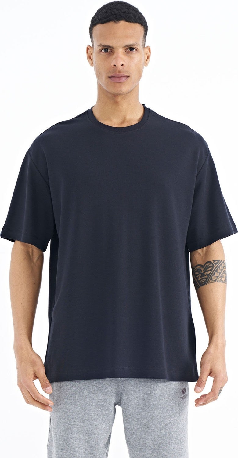 Tommy Life Navy Blue Sleeve Badge Detail Basic Oversize Men's T-Shirt - 88193  - Image 1