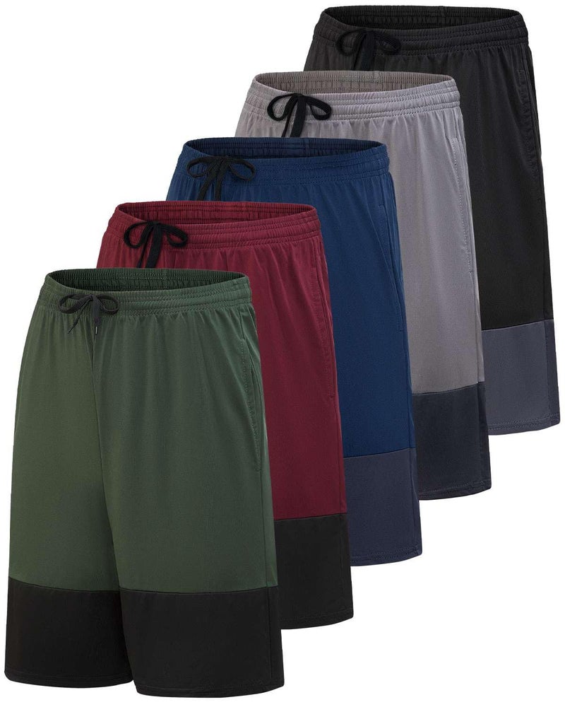 Real Essentials Mens 5 Pack 9 DryFit Shorts Athletic Gym Workout Basketball Running Casual Lounge Active Pockets Set 15 L