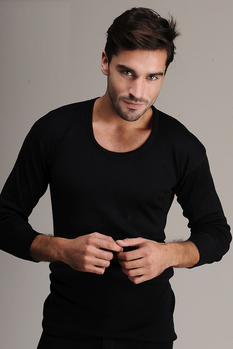 Hasyün ملابس داخلية 4002 سوداء للرجال بكم طويل من الصوف ملابس داخلية حرارية 