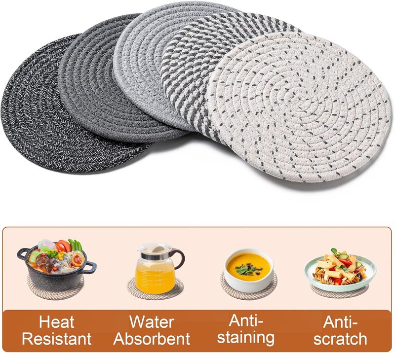 Husfunov 7 Inch Trivets for Hot Dishes, Pots and Pans, 5 Heat Resistant Pot Holders for Kitchen, Home Essentials, Hot Pads for Countertop and Table, Farmhouse Decor Vase Mats, Gray - Image 4