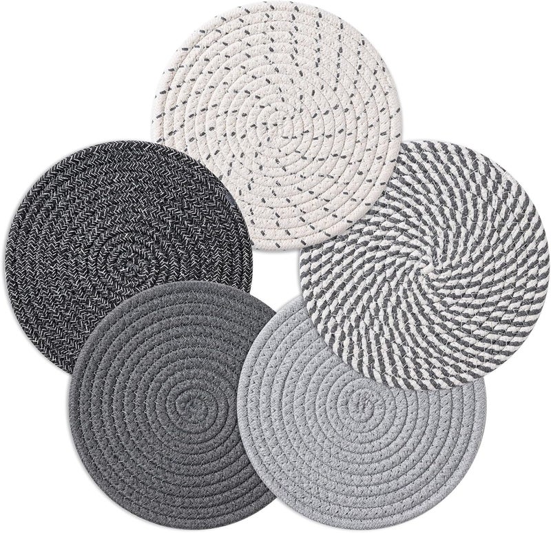 Husfunov 7 Inch Trivets for Hot Dishes, Pots and Pans, 5 Heat Resistant Pot Holders for Kitchen, Home Essentials, Hot Pads for Countertop and Table, Farmhouse Decor Vase Mats, Gray - Image 1
