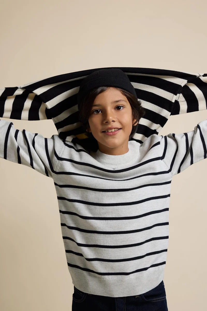ديفاكتو Boy Crew Neck Striped Knit Pullover
