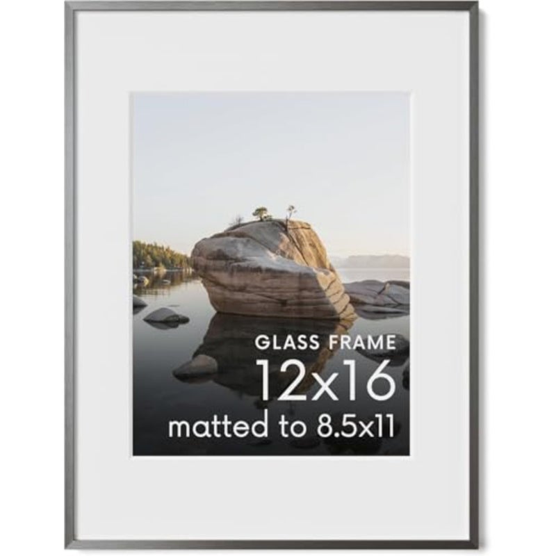 Metal Picture Frame 12x16 Modern Aluminum Photo Frames with Mat, Lightweight Grey Wall Poster Frame for Home Office Decor, Wall or Tabletop Display, High-Definition Plexiglass - Image 1