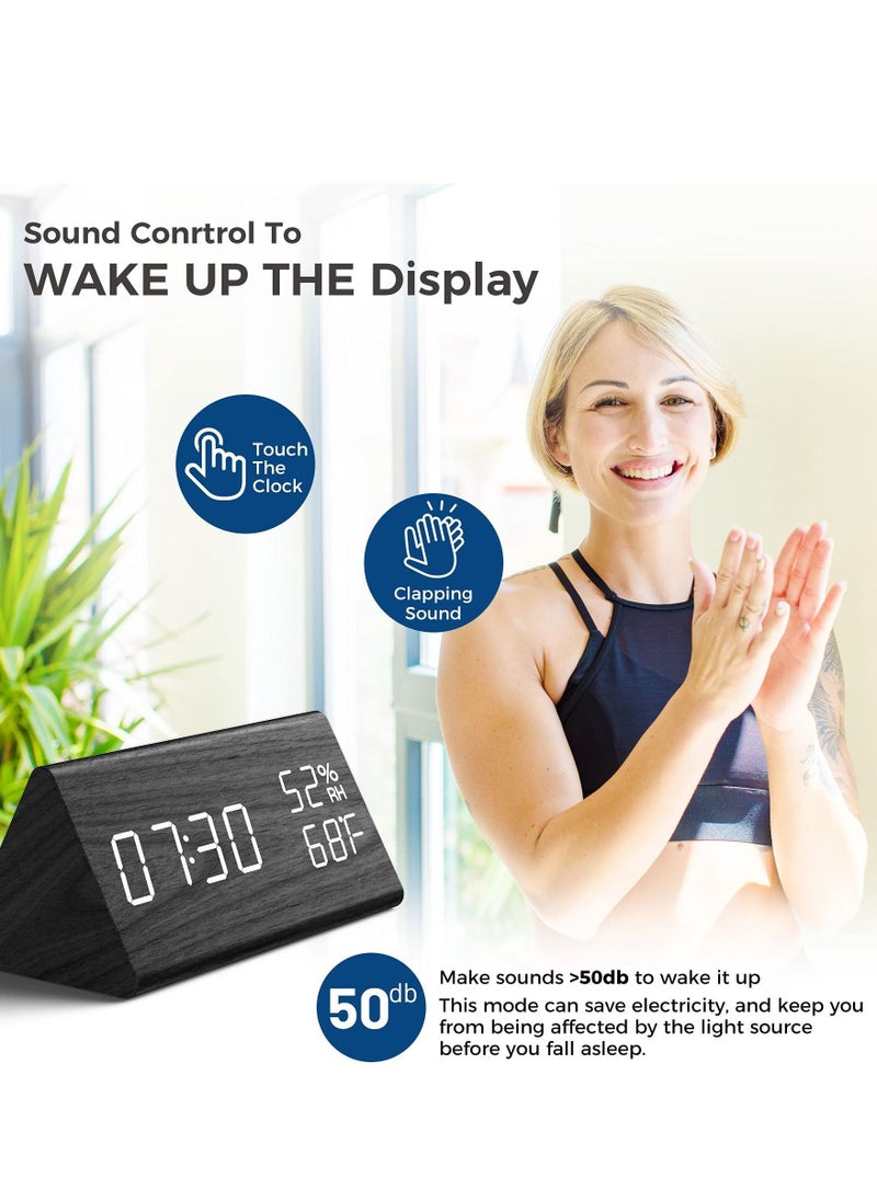 Digital Alarm Clock LED Time Display 3 Settings Adjustable Brightness Humidity Temperature Detect Wood Design for Bedroom Office