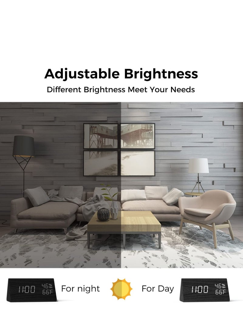 Digital Alarm Clock LED Time Display 3 Settings Adjustable Brightness Humidity Temperature Detect Wood Design for Bedroom Office