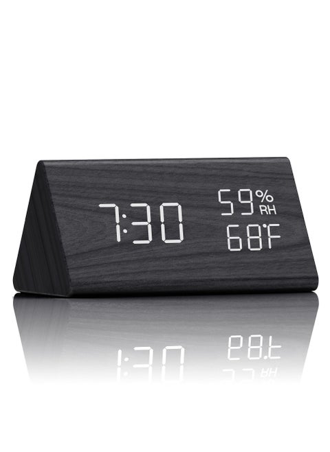 Digital Alarm Clock LED Time Display 3 Settings Adjustable Brightness Humidity Temperature Detect Wood Design for Bedroom Office