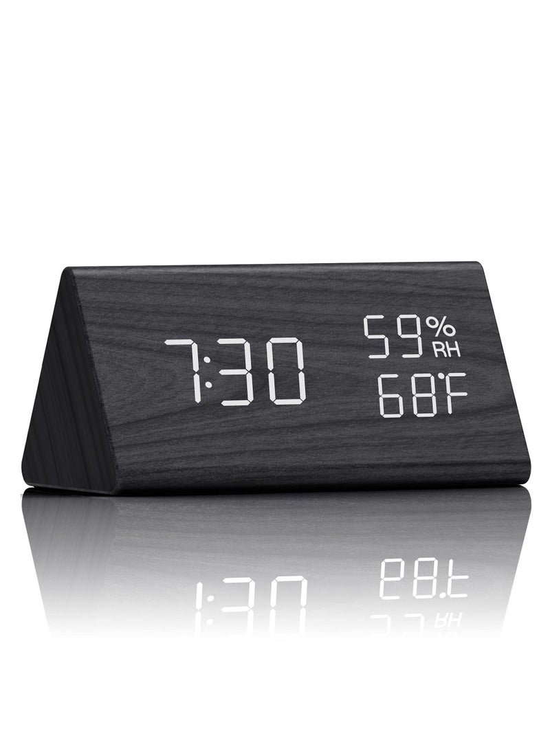 Digital Alarm Clock LED Time Display 3 Settings Adjustable Brightness Humidity Temperature Detect Wood Design for Bedroom Office