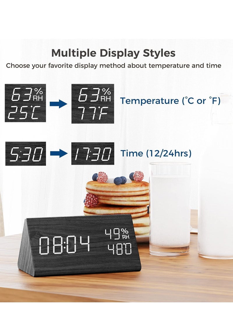 Digital Alarm Clock LED Time Display 3 Settings Adjustable Brightness Humidity Temperature Detect Wood Design for Bedroom Office